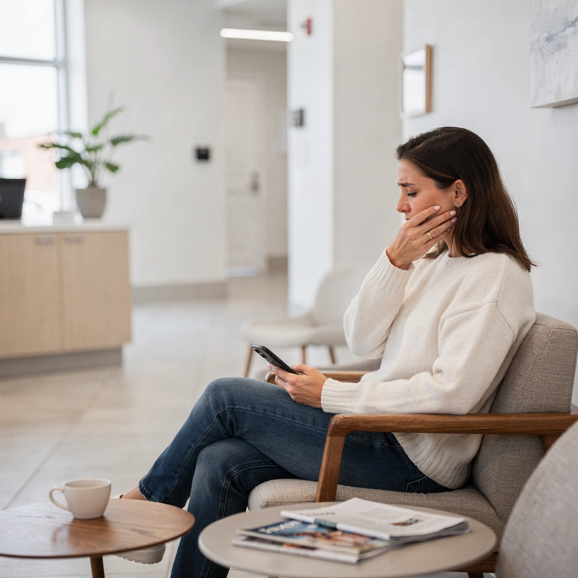 Woman in dental office waiting room holding phone with hand to jaw, appearing to experience tooth pain